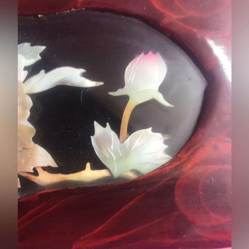 Brown Lacquer with Gold Latch and Mother of Pearl Shadow Box Top Red Inside